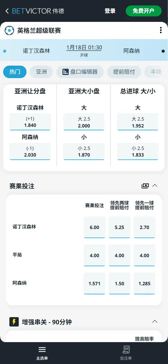 森林vs阿森纳，英超赔率和盘口信息-188bet(taptap)提供