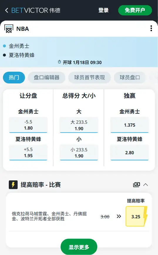勇士vs黄蜂-NBA博彩赔率和盘口信息-伟德(betvictor)提供