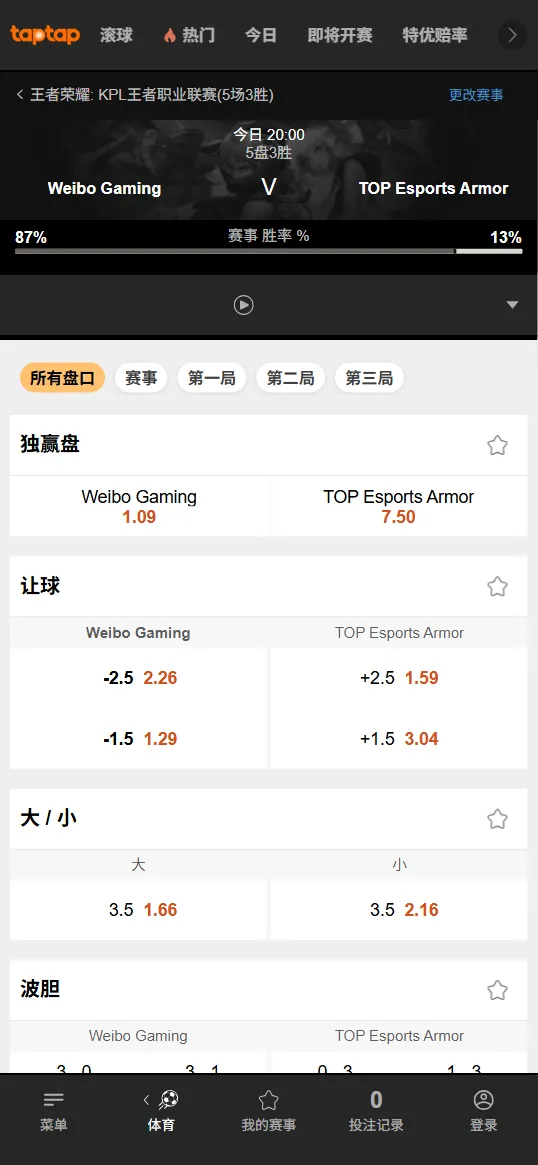 北京WB vs 长沙TES.A - 2026王者荣耀KPL - 赔率盘口信息188bet(TapTap)提供