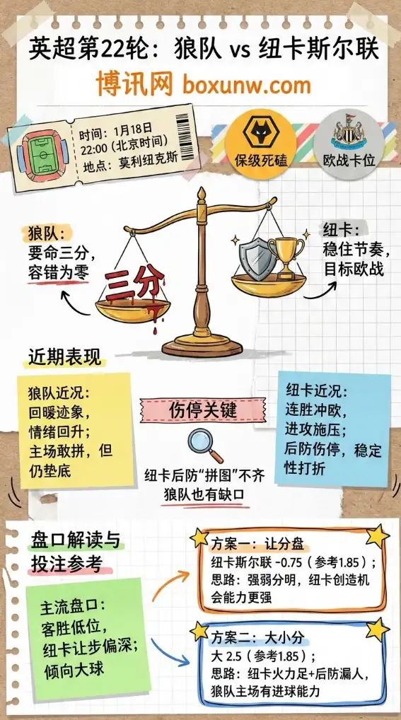 狼队vs纽卡斯尔联 | 英超第22轮 | 保级与欧战卡位战：赔率、伤停与盘口解读