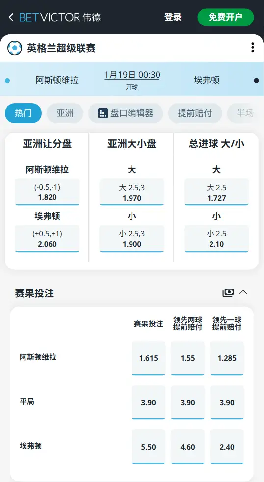 阿斯顿维拉vs埃弗顿，英超赔率和盘口信息-188bet(taptap)提供
