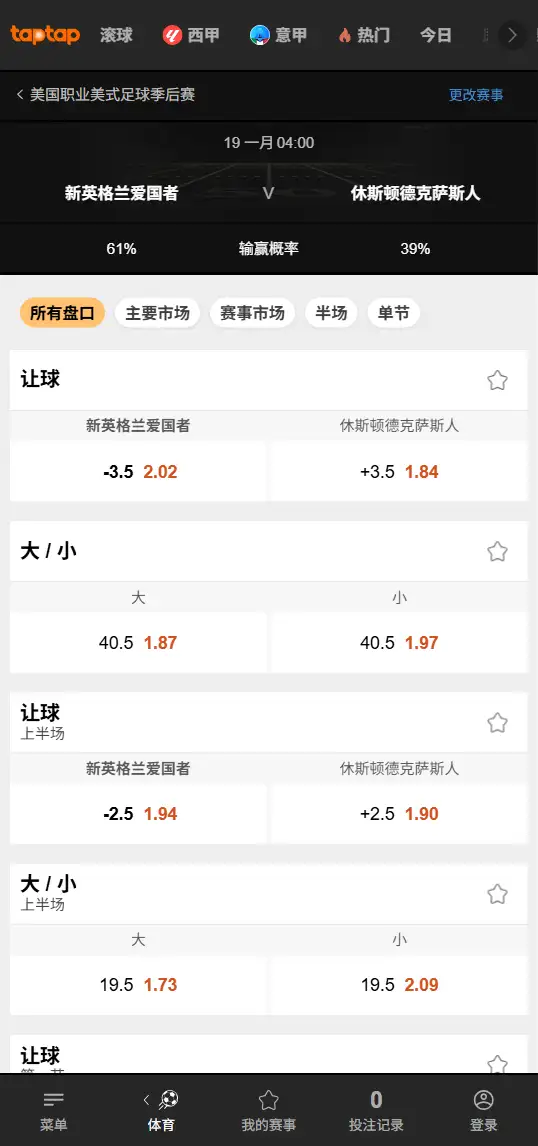 爱国者vs德州人 - NFL季后赛 - 赔率盘口信息188bet(TapTap)提供