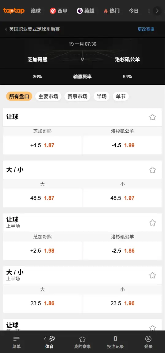 熊队vs公羊 - NFL季后赛 - 赔率盘口信息188bet(TapTap)提供
